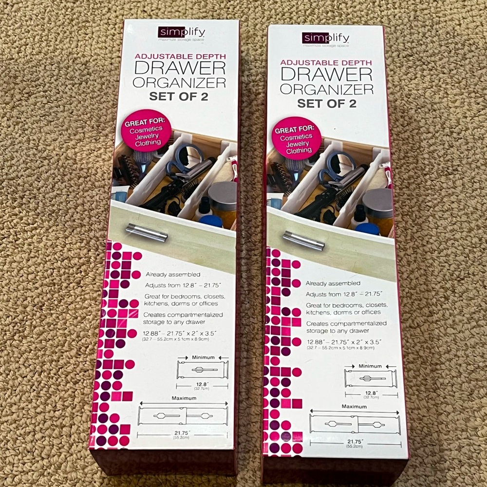 (2) Simplify 2 Pack Adjustable Depth Drawer Organizers in White